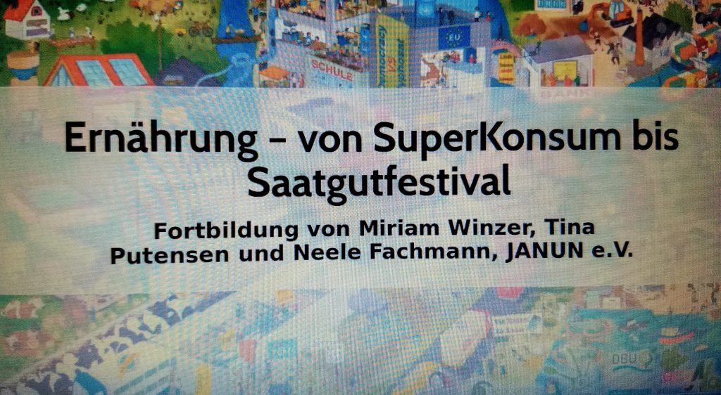 Banner der Online-Veranstaltung "Ernährung – von SuperKonsum bis Saatgutfestival" mit Wimmelbild im Hintergrund