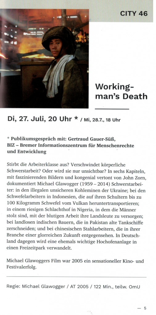 Plakat zum Film Workingman’s Death mit anschließendem Publikumsgespräch