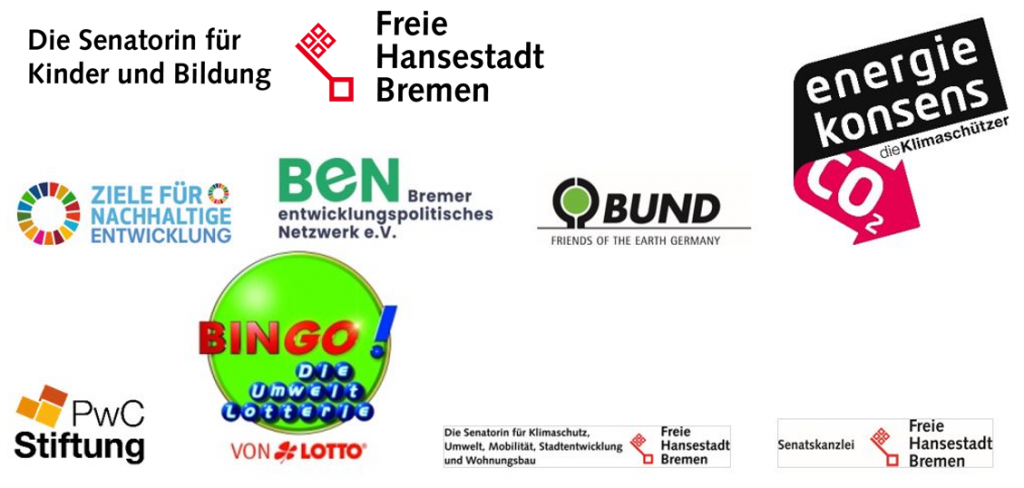 Logos der Senatorin für Kinder und Bildung, der Stadt Bremen, des BUND, des BeN, von Ziele für nachhaltige Entwicklung, von Energiekonsens - die Klimaschützer, der PwC Stiftung, der Bingo Umweltlotterie, der Senatskanzlei und der Senatorin für Klimaschutz und Umwelt 