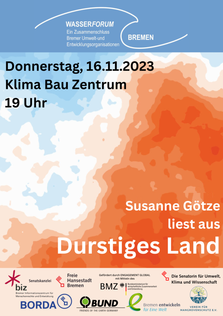 Plakat zur Lesung Durstiges Land mit Susanne Götze